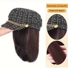 Women's Shoulder Length Straight Hair Beret Hat Wig 25.4cm Synthetic Full Wig