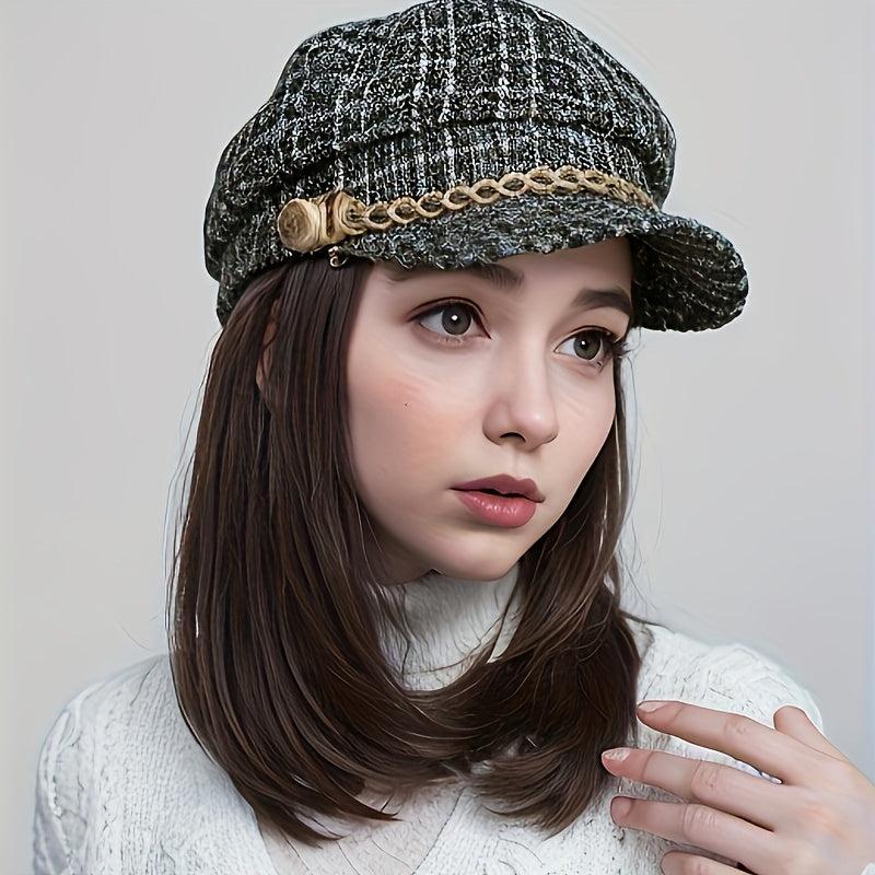 Women's Shoulder Length Straight Hair Beret Hat Wig 25.4cm Synthetic Full Wig