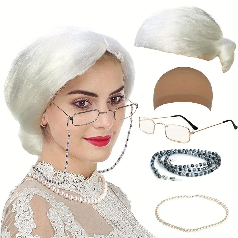 Old Lady Costume Set with Wig, Glasses, Chains, Necklaces