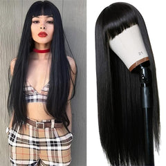Long Straight Wig With Bangs Synthetic Wig Heat Resistant Natural Looking