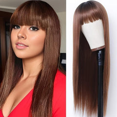 Long Straight Wig With Bangs Synthetic Wig Heat Resistant Natural Looking