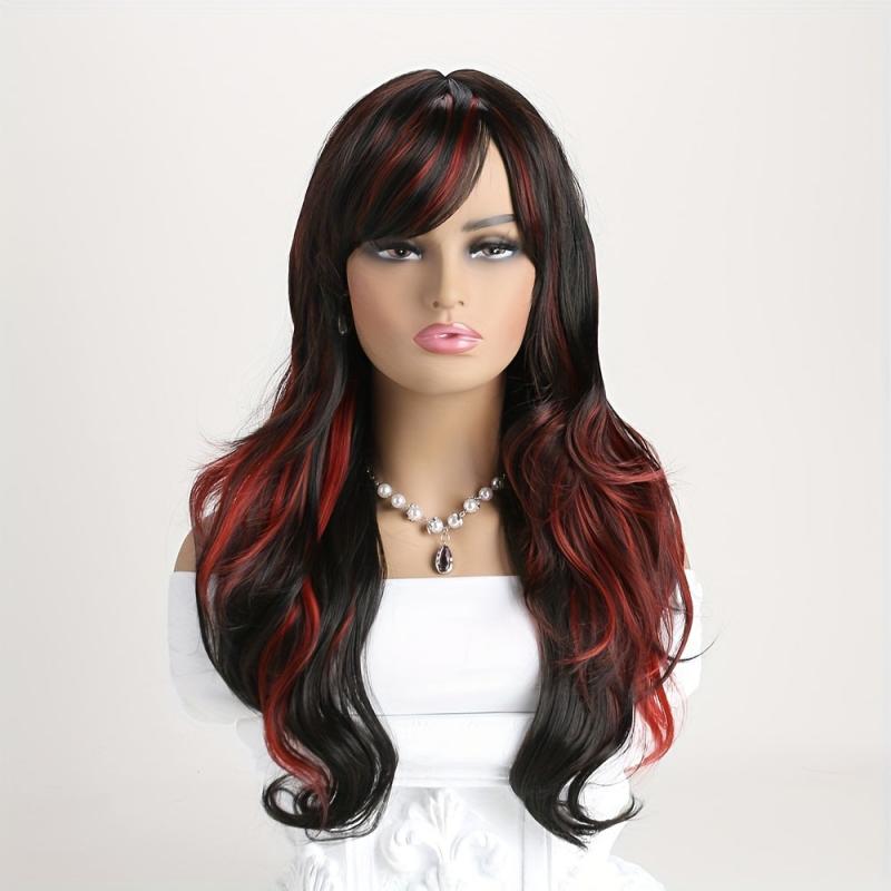 Long Wavy Red Wig With Bangs Natural Heat Resistant Hair