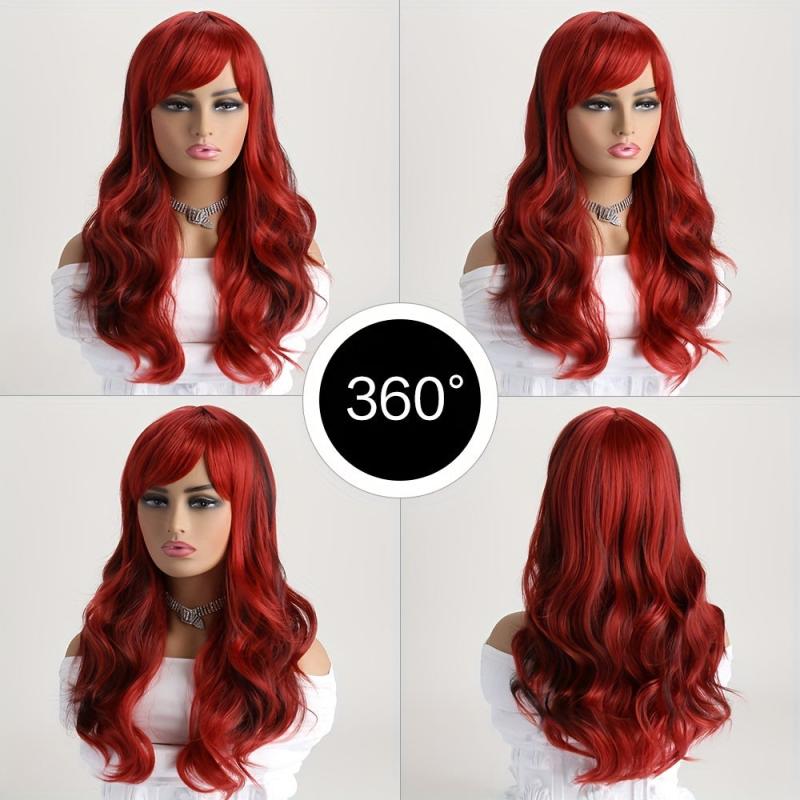 Long Wavy Red Wig With Bangs Natural Heat Resistant Hair