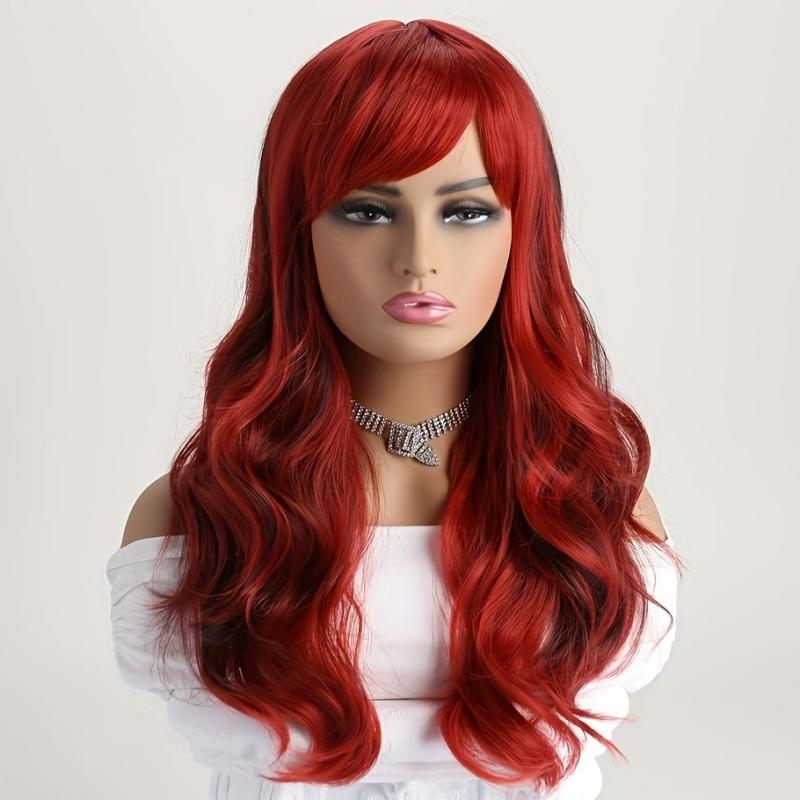 Long Wavy Red Wig With Bangs Natural Heat Resistant Hair