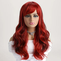 Long Wavy Red Wig With Bangs Natural Heat Resistant Hair