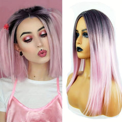 Ombre Light Pink Short Straight Wig Bob Middle Part Women Synthetic Hair