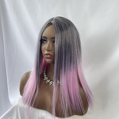 Ombre Light Pink Short Straight Wig Bob Middle Part Women Synthetic Hair