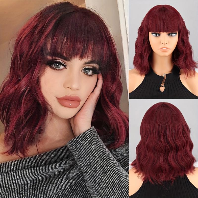 Short Wavy Red Wig with Bangs for Women