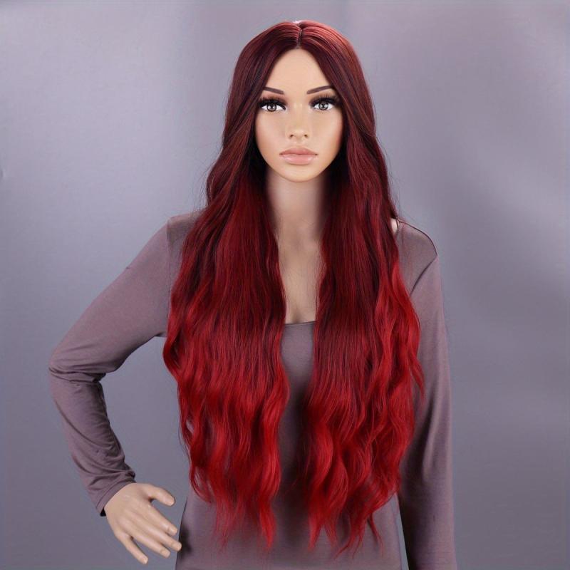 Long Burgundy Wavy Wig - Curly Hair Synthetic Heat Resistant Fiber
