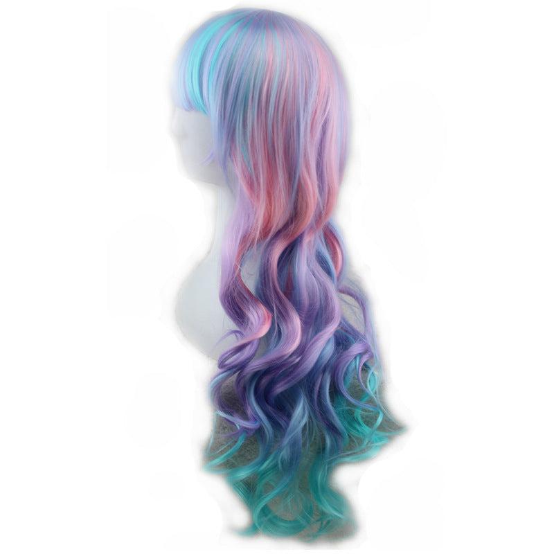 Colorful Rainbow Curly Wavy Hair Wig With Bangs for Women