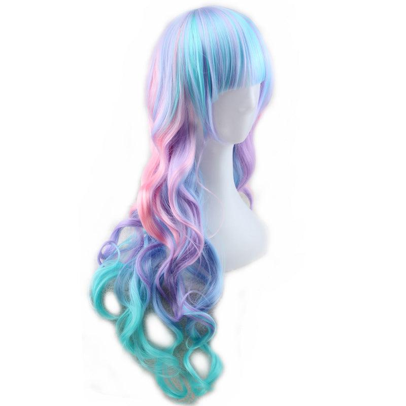 Colorful Rainbow Curly Wavy Hair Wig With Bangs for Women