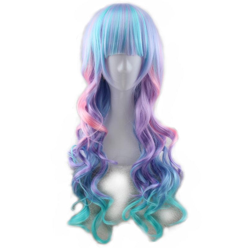 Colorful Rainbow Curly Wavy Hair Wig With Bangs for Women