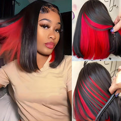 Red Highlight Bob Wig For Women Short Straight Peekaboo Wigs