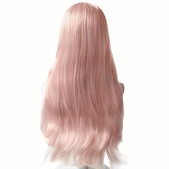 Pink Long Curly Wig With Bangs Synthetic Wig Beginners Friendly Heat Resistant
