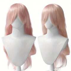 Pink Long Curly Wig With Bangs Synthetic Wig Beginners Friendly Heat Resistant