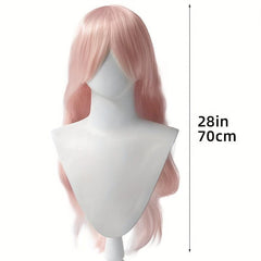Pink Long Curly Wig With Bangs Synthetic Wig Beginners Friendly Heat Resistant