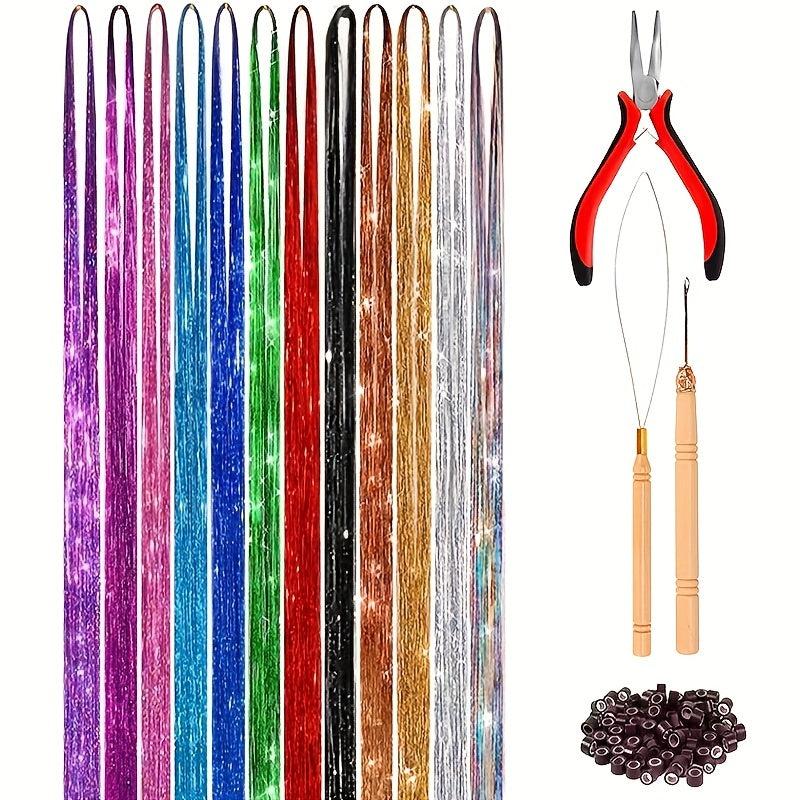 Tinsel Hair Extension Kit 12 Mixed Colors 38 cm 2400 Strands