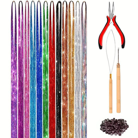 Tinsel Hair Extension Kit 12 Mixed Colors 38 cm 2400 Strands
