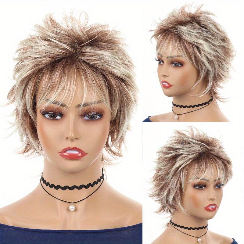 Short Blonde Brown Mixed Straight Wig Heat Resistant Synthetic Hair