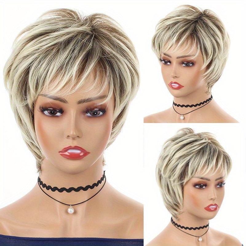Short Blonde Brown Mixed Straight Wig Heat Resistant Synthetic Hair