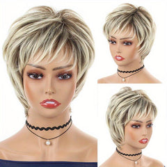 Short Blonde Brown Mixed Straight Wig Heat Resistant Synthetic Hair
