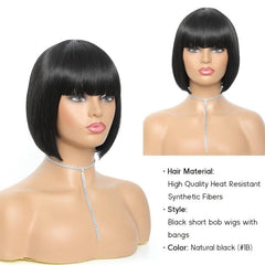 Short Bob Wig with Bangs Synthetic Replacement Hair Wigs for Daily Cosplay Party