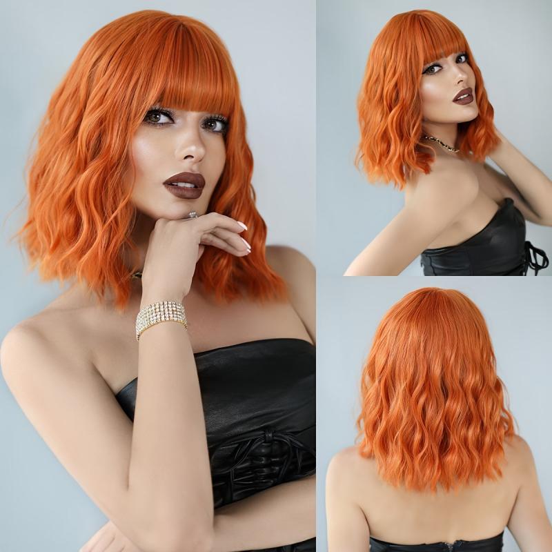 Short Curly Wavy Bob Wig with Bangs for Women - Heat Resistant Synthetic Wig
