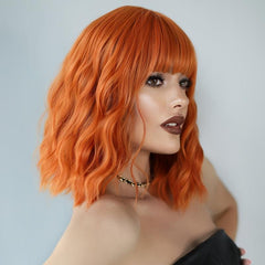 Short Curly Wavy Bob Wig with Bangs for Women - Heat Resistant Synthetic Wig