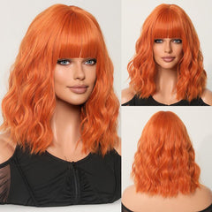Short Curly Wavy Bob Wig with Bangs for Women - Heat Resistant Synthetic Wig