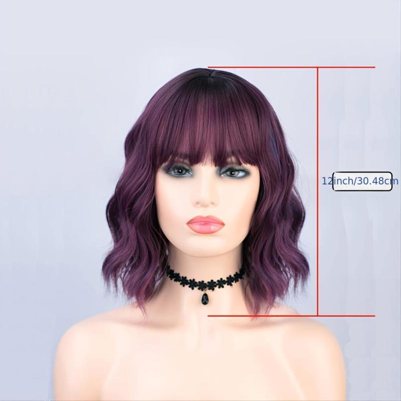 Short Curly Synthetic Wig Bangs Purple