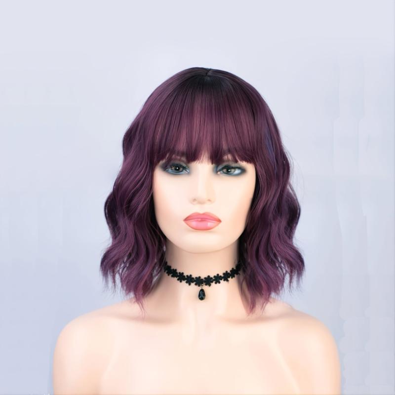 Short Curly Synthetic Wig Bangs Purple