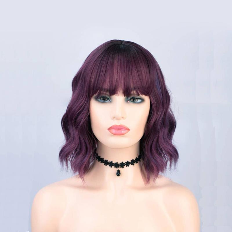 Short Curly Synthetic Wig Bangs Purple