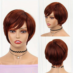 Red Synthetic Short Straight Wigs With Bangs For Women Heat Resistant Fiber Wigs