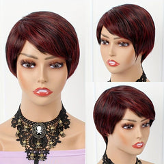 Red Synthetic Short Straight Wigs With Bangs For Women Heat Resistant Fiber Wigs