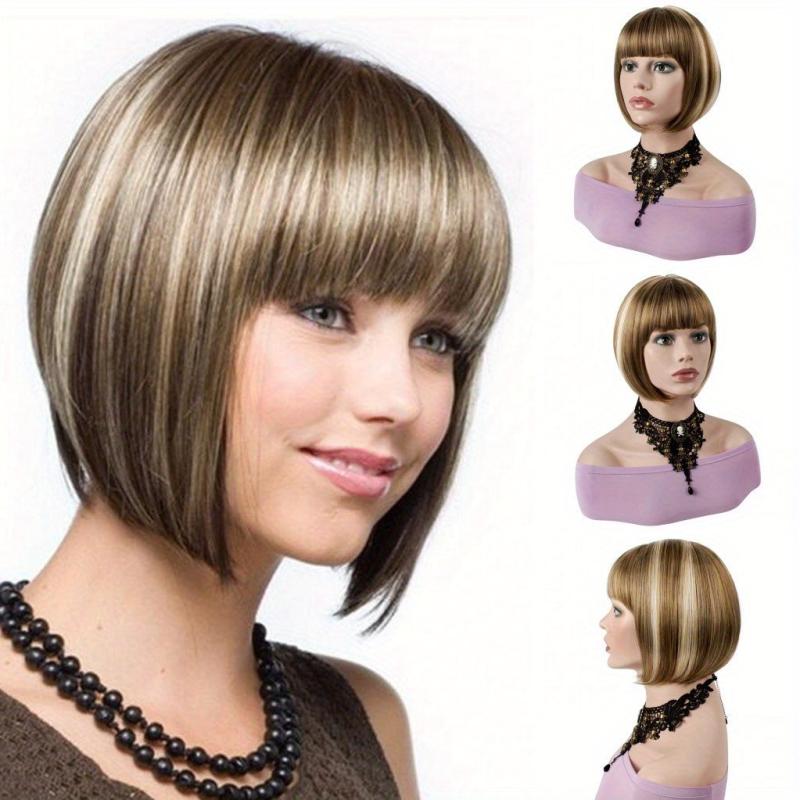 Red Synthetic Short Straight Wigs With Bangs For Women Heat Resistant Fiber Wigs