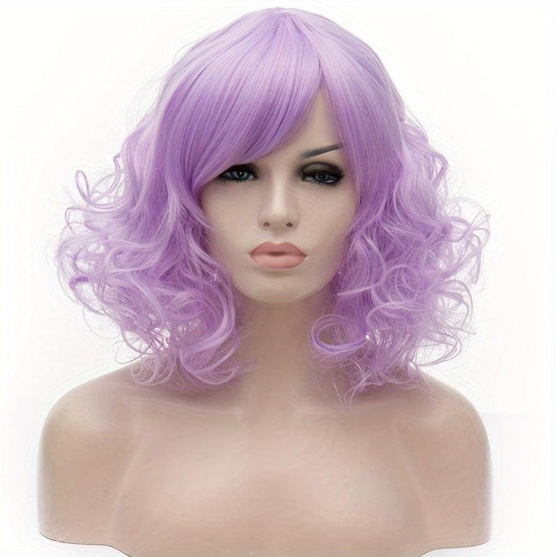 Light Purple 35 56 Cm Curly Wavy Hair Wigs With Bangs
