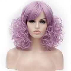 Light Purple 35 56 Cm Curly Wavy Hair Wigs With Bangs