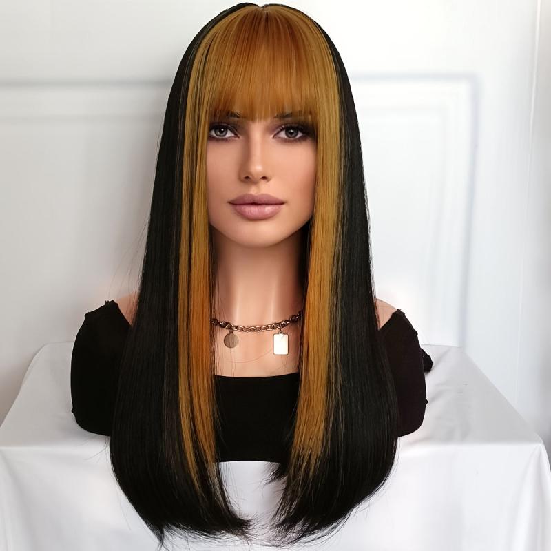 Straight Brown Blonde Two Tone Wig 22 Inch Long Honey Blonde With Fringe