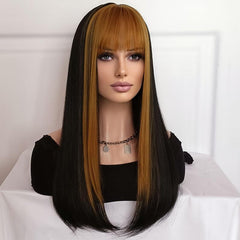 Straight Brown Blonde Two Tone Wig 22 Inch Long Honey Blonde With Fringe
