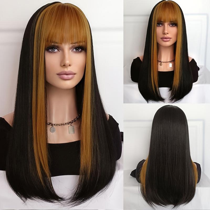 Straight Brown Blonde Two Tone Wig 22 Inch Long Honey Blonde With Fringe