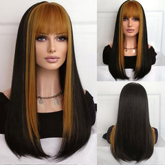 Straight Brown Blonde Two Tone Wig 22 Inch Long Honey Blonde With Fringe