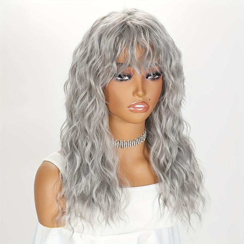 45 72cm Long Curly Wavy Hair Wigs with Bangs Synthetic Fiber None Lace Wavy Wig