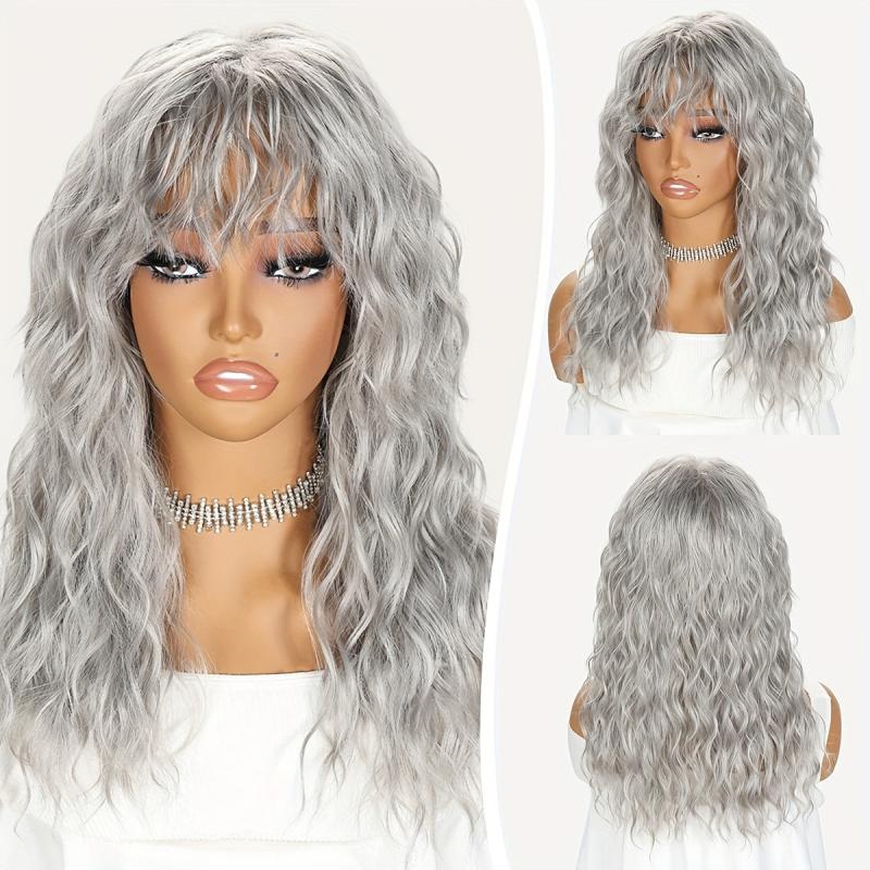 45 72cm Long Curly Wavy Hair Wigs with Bangs Synthetic Fiber None Lace Wavy Wig