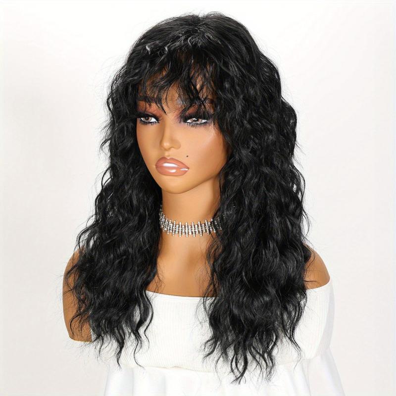 45 72cm Long Curly Wavy Hair Wigs with Bangs Synthetic Fiber None Lace Wavy Wig