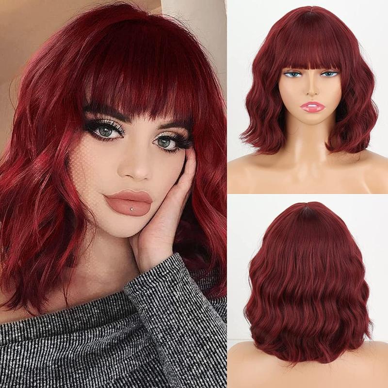 Blonde Ombre Wavy Bob Wig Bangs Women's Synthetic Curly Pastel Bob Wig