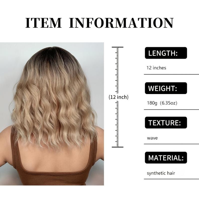 Blonde Ombre Wavy Bob Wig Bangs Women's Synthetic Curly Pastel Bob Wig