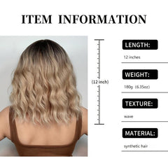 Blonde Ombre Wavy Bob Wig Bangs Women's Synthetic Curly Pastel Bob Wig