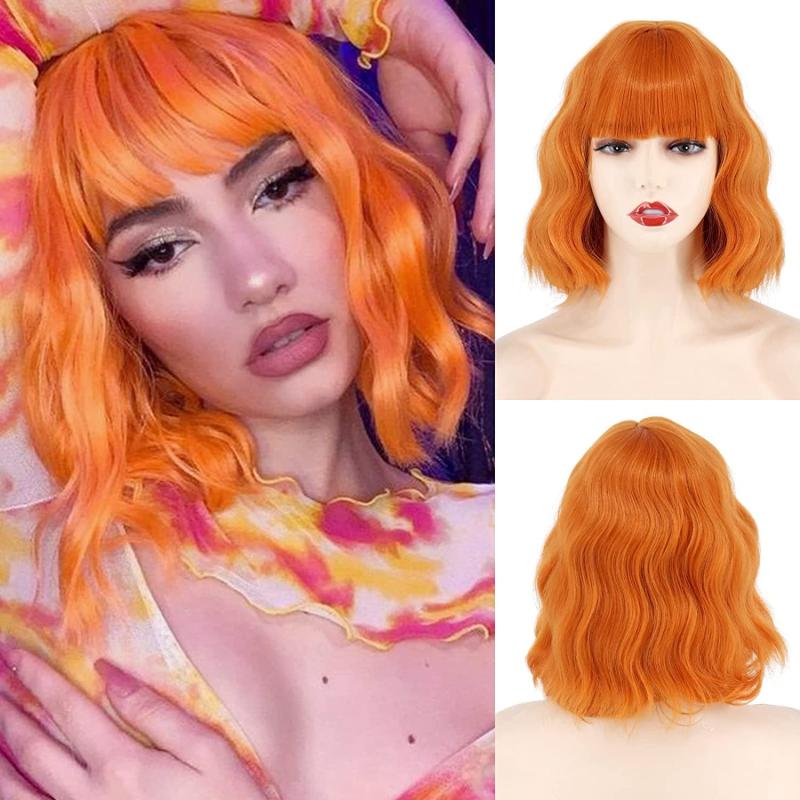 Blonde Ombre Wavy Bob Wig Bangs Women's Synthetic Curly Pastel Bob Wig