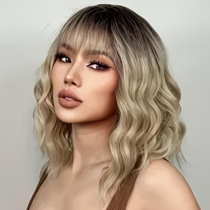 Blonde Ombre Wavy Bob Wig Bangs Women's Synthetic Curly Pastel Bob Wig