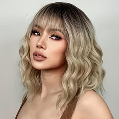 Blonde Ombre Wavy Bob Wig Bangs Women's Synthetic Curly Pastel Bob Wig